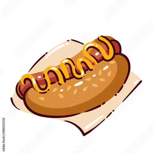 Hot dog with sausage in soft bun, mustard sauce, classic American street food symbol, fast food culture, travel USA theme, snack and takeaway meal, cartoon vector illustration