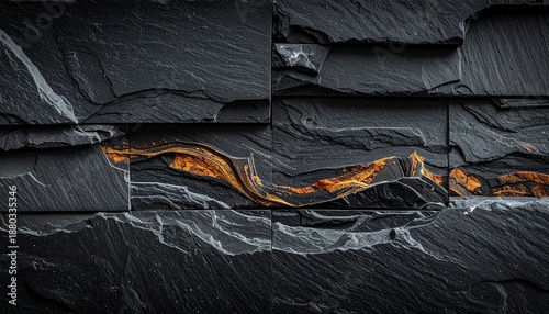 Close-up of staggered slate tiles with natural striations and white vein, blending geology and craftsmanship.