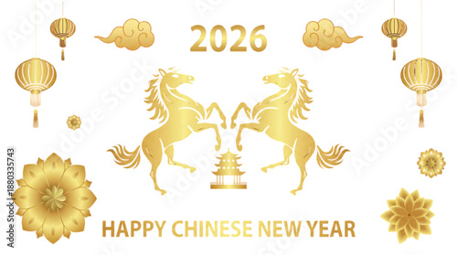 Vector illustration gold calligraphy text : Happy Chinese New Year 2026 greeting card, Lunar and spring festival celebration, Year of the fire horse, frame border banner luck prosperity symbol concept