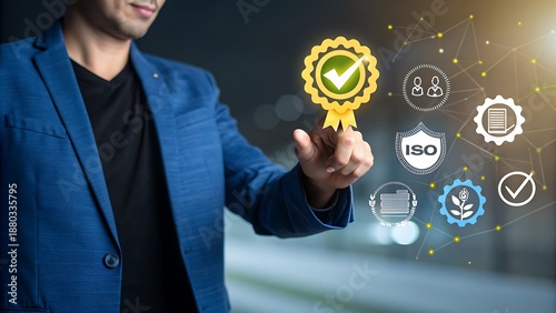 Businessman holding golden quality seal with certification icons in modern office