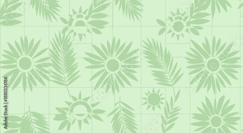 Seamless tropical pattern featuring palm leaves and sun motifs in soft green tones perfect for