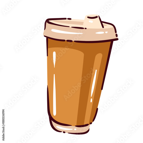 Coffee to go cup with plastic lid, takeaway drink container, hot coffee beverage, cafe culture element, urban lifestyle symbol, reusable and disposable cup design, cartoon vector illustration
