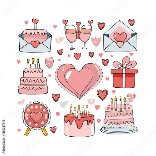Valentine's Day celebration elements including hearts, cakes, gifts, and champagne flutes arranged in a festive illustration