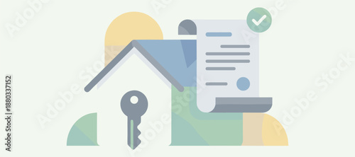 Home insurance approval, property protection concept, house key and document, real estate security, mortgage agreement, verified contract illustration, legal, guarantee