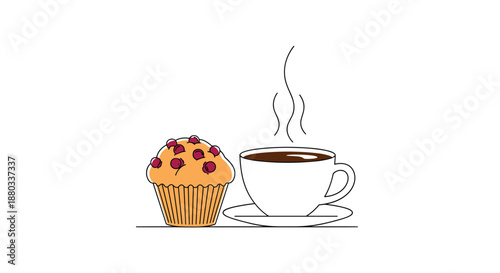 Delicious berry muffin paired with a steaming hot cup of dark coffee on a saucer creating an inviting breakfast or afternoon snack scene.