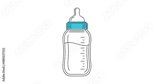 Transparent plastic baby bottle with a blue cap and measuring scale filled with milk or formula on a clean white background for parenting.