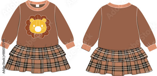 Kids Brown Sweatshirt Dress with Cute Lion Illustration Graphic and Tiered Plaid Tartan Skirt Vector Fashion Flat Sketch Template Illustration
