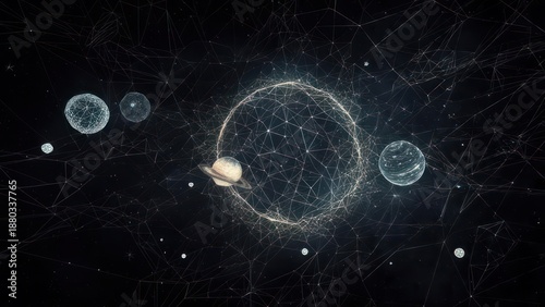 Celestial bodies connected by a network of lines in space