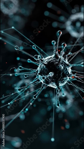 Digital virus simulation. Cyber visualization. Networked visualization. Virtual modeling. Abstract representation of a virus with intricate details and structures.