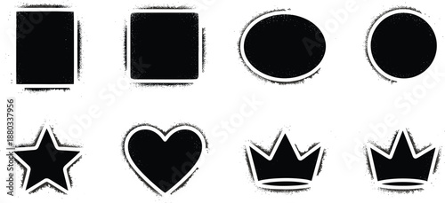 Eight grunge distressed photo frames and shapes: rectangle, square, circle, star, heart, crown.