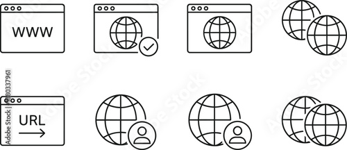 Internet and global network outline icons: WWW, URL, browser windows, earth, user, checkmark.