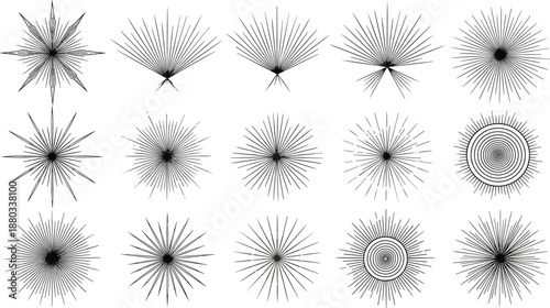 Collection of retro sunburst and starburst line art elements for vintage design projects.