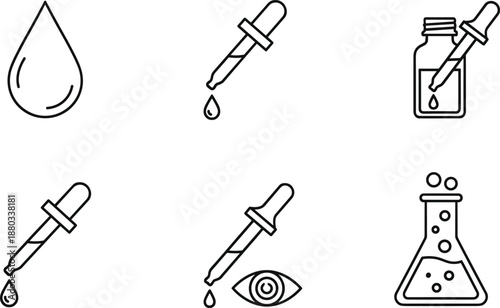 Outline icons of chemistry and laboratory equipment with dropper, showing liquid drops and eye.