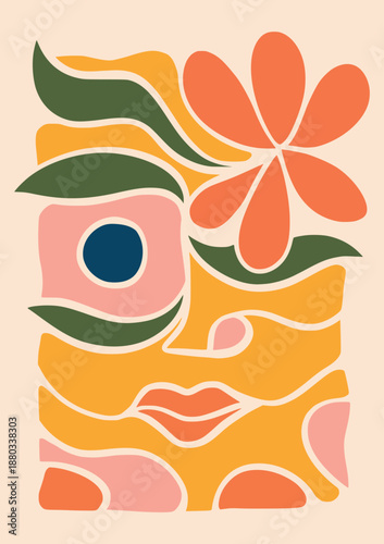 A cute 3d vector illustration of a happy cartoon woman face with a fresh green apple and orange fruit plus a healthy flower design featuring a funny smile and leaf