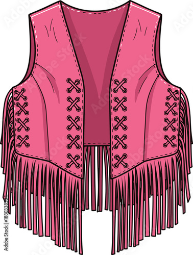 Pink western fringe vest vector illustration with lace up details cowgirl style fashion flat sketch for festival costume and apparel.