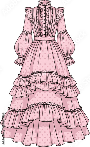 Victorian Pink Polka Dot Ruffle Gown Vector Illustration with High Neck Lantern Sleeves and Tiered Skirt for Vintage Fashion Design
