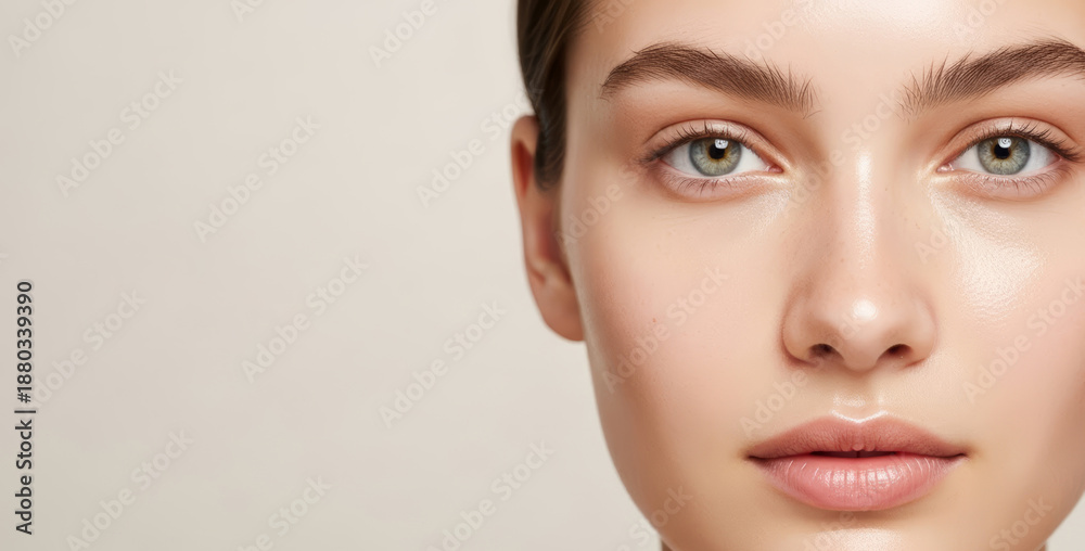 Fototapeta premium Close up of a woman face with natural skin and green eyes. Beauty portrait for skincare or cosmetic product promotion. Healthy natural appearance concept.