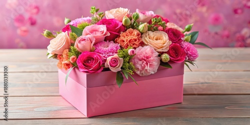 A delicate pink box filled with a vibrant flower bouquet of roses and carnations