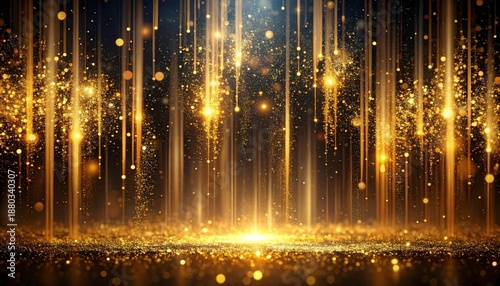 Golden light particles falling down. Shining sparks on dark background. Glittering gold dust. Sparkling light rays. Glowing bokeh. Festive abstract background. Luxury texture. Elegant
