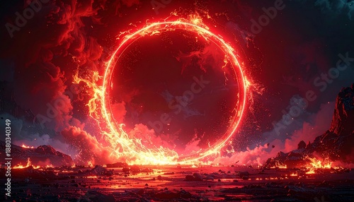 Apocalyptic scene. Fiery red portal. Burning landscape. Dark cloudy sky. Inferno background. Blazing ring. Destruction environment. Nightmarish scenery. Fantasy illustration.