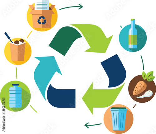 Recycling process illustration, waste management cycle with arrows, eco friendly materials reuse, sustainability concept, environmental protection, green living design