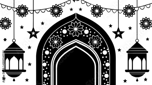 Ornate mosque entrance with hanging lanterns and decorative stars isolated on white background, Vector