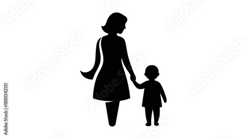 Mother Holding Childs Hand Silhouette Isolated on White Background