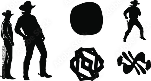 Western cowboy silhouette set with standing men abstract shapes and action pose isolated on white background modern illustration collection