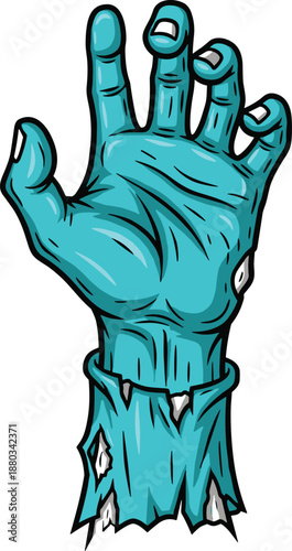 Creepy Blue Zombie Hand Reaching Up Isolated on White Background for Halloween Party Invitation Horror Poster Design Undead Monster Arm Cartoon Vector Art Illustration