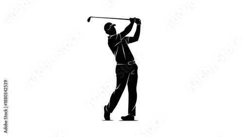Dynamic silhouette of a male golfer mid-swing, showcasing athletic form.