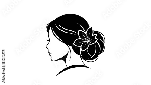 Elegant Woman Profile with Floral Hair Accessory in Black and White.