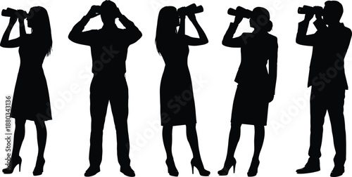 Business people using binoculars silhouette vision strategy leadership searching future opportunity illustration isolated white background vector concept