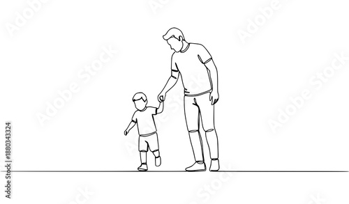 Continuous line drawing of father teaching child to walk vector family concept