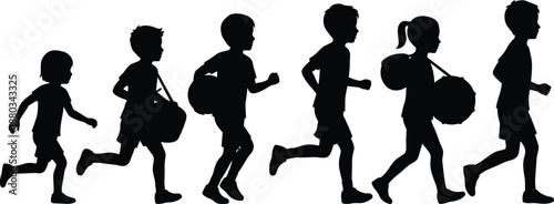 School children silhouette walking with backpacks kids education daily routine illustration isolated white background vector learning concept