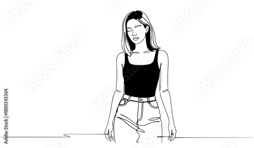 Minimal continuous line sleeping woman on bed vector illustration concept