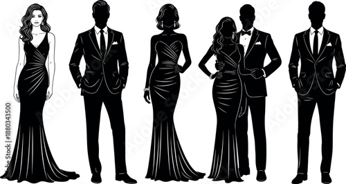 Elegant Silhouette Vector Illustration of Formal Men in Tuxedos and Women in Evening Gowns for Gala Event and Luxury Party