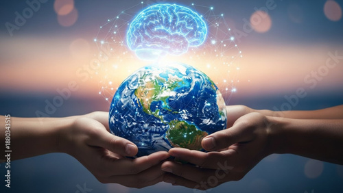 Earth in hands with glowing brain above symbolizing global