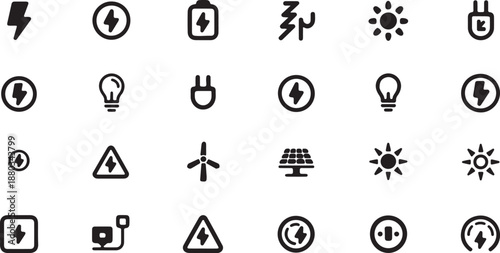 Minimalist black vector icons of energy and electricity, power symbols. Clean grid layout for renewable sources, electrical connections, and technology solutions