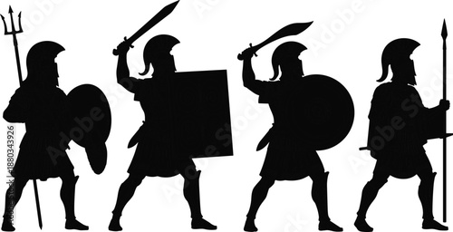 Set of Ancient Greek Spartan Warrior Silhouettes, Roman Legionary Soldiers with Swords, Shields, Spears, and Trident for Historical Graphic Design, Vector