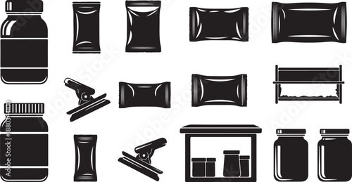 Black and white icons of various product packaging designs