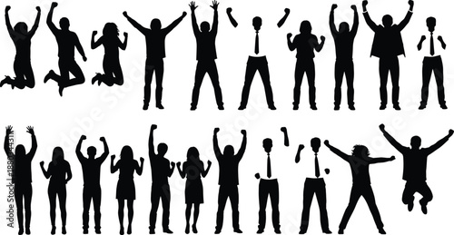 Set of black business people silhouettes cheering and jumping in celebration of success and victory isolated on white background for professional corporate design projects