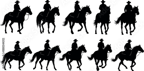 Set of ten black silhouettes of cowboys and cowgirls riding horses in various poses isolated on a white background vector
