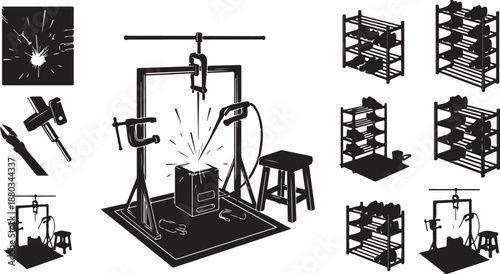 Blacksmith workshop with tools and equipment illustrations set