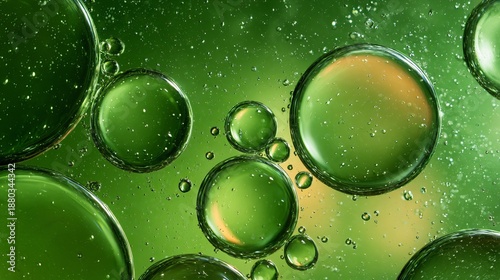 Abstract macro of translucent liquid bubbles in rich green tones with glossy glass-like droplets and layered depth.
