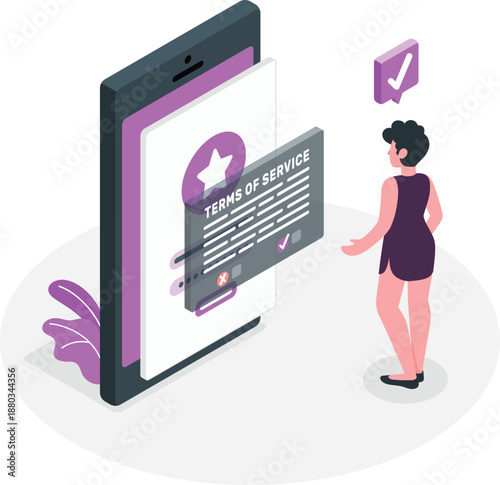 A woman in a purple dress stands beside a large smartphone displaying terms of service agreement