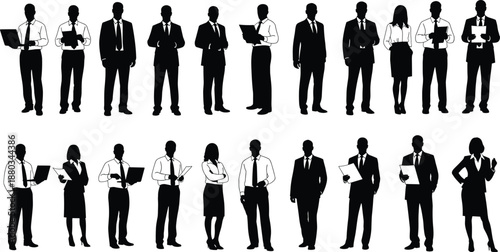 Set of black business silhouettes featuring professional men and women in suits holding laptops and documents isolated on white background