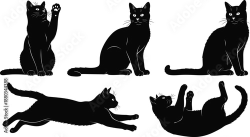 Set of Black Cat Silhouettes in Different Poses, Playful Feline Sitting, Running, and Rolling, Isolated Vector Graphic Design Elements for Pet Shops and Animal Logos.
