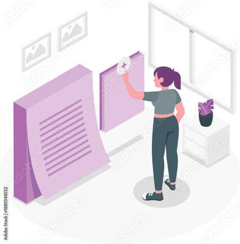 Woman standing in office working on large digital document display with interactive touch screen and modern decor