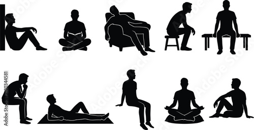 Set of black male silhouettes sitting in different poses and positions on chairs floor and ground isolated on white background