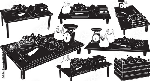 Black and white illustration of laboratory equipment on tables